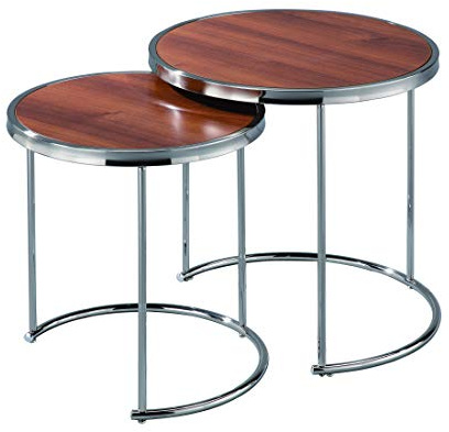 ASPECT Visio Set of 2 Round Nesting Table-Walnut Effect Top/Chrome Frame, Metal L 50 S :42 Dia x 45(H) cm
