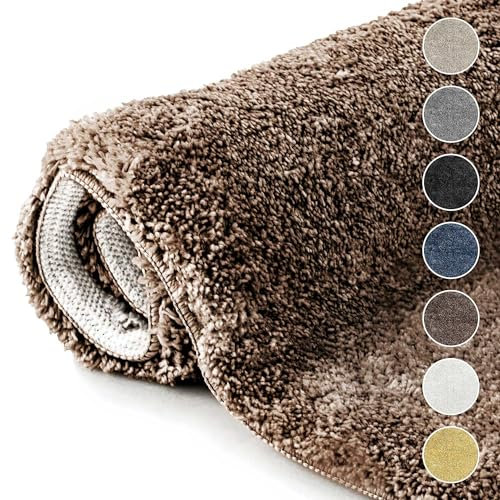 etérea Badezimmerteppich Jana - Badematte rutschfest 80x50 cm - Badvorleger waschbar Hochflor - Bathroom Mat - Badteppich Hochflor Schwer - Badläufer Teppich 50x80cm - Braun