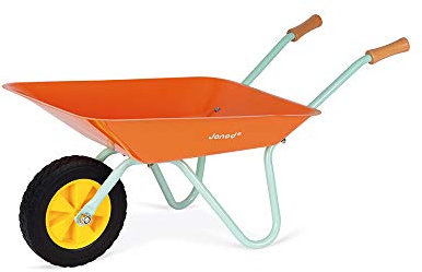 Janod - Happy Garden - Metal Wheelbarrow for Children with Shovel and Rake - Outdoor Gardening Game - For children from the Age of 3, J03194, Orange and Blue