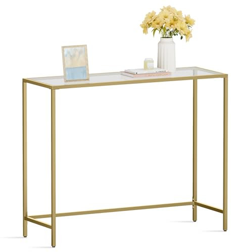 VASAGLE ULGT26G Konsolentisch, Sofatisch aus gehärtetem Glas, moderner Eingangstisch, Metallrahmen, einfach zu montieren, verstellbare Füße, für Wohnzimmer, Flur, goldfarben, 100 cm