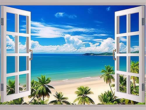 Bimkole DIY 5D Diamond Painting Zubehör Strand, Fenster Meer Baum Blauer Himmel Diamant Malerei Kit Voll Runde Bohrer Malen nach Zahlen Malerei Stickerei Kreuzstich Diamond Dekoration, (30x40 cm)