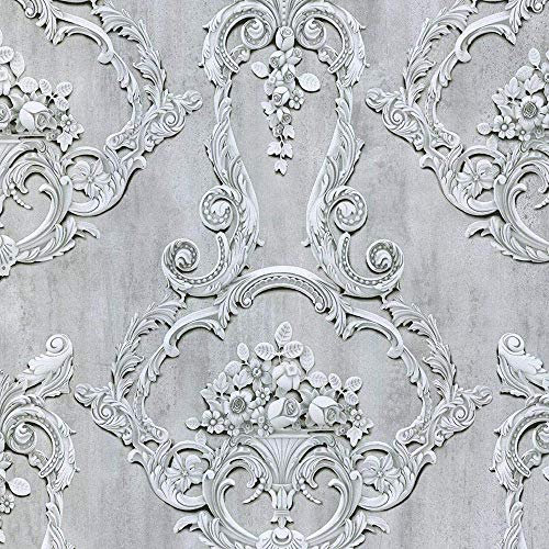 Grosvenor Damask Wallpaper Vintage Classic Light Grey Traditional