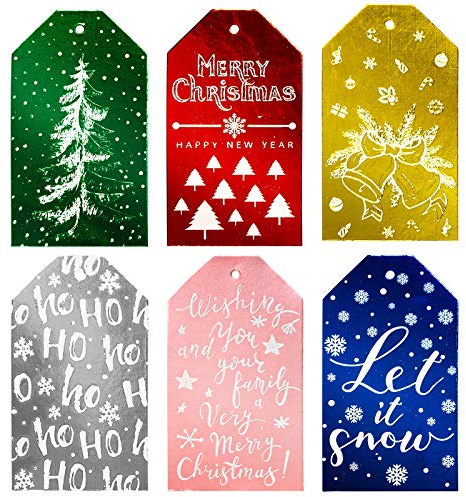 Whaline Lot de 60 étiquettes cadeaux de Noël en papier d'aluminium avec ficelle de jute pré-perforée avec trous pour suspendre les étiquettes pour les vacances d'hiver, décoration de fête, lot de 6