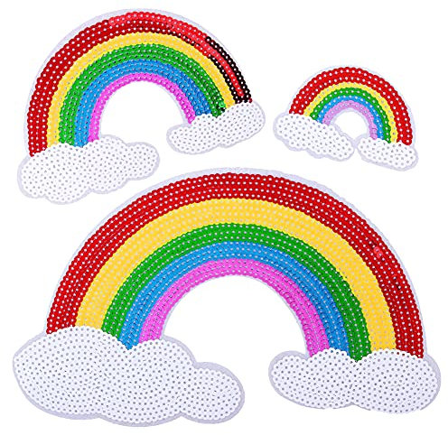 LOCOMO Set 3 große Pailletten, Regenbogen-Wolken-Aufnäher, zum Aufnähen, DIY-Applikation, Motiv: Kinder, Erwachsene, Kleidung, Jacke, Hut, Rucksack, Dekoration, mehrfarbig