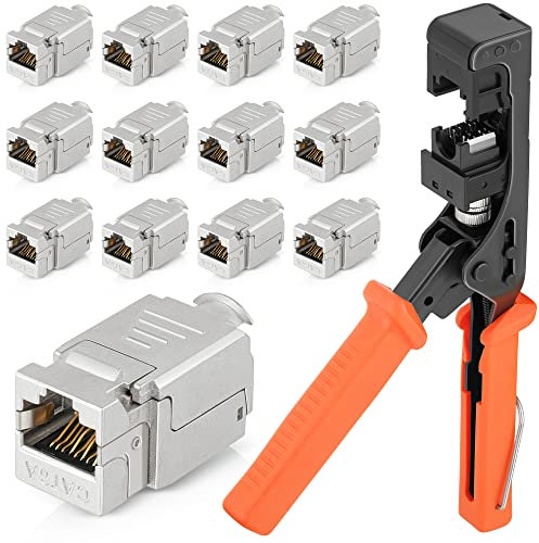 Everest Media Solutions easySHIELD (kit CAT6A) - Herramienta de terminación de velocidad, con 12 perfiles delgados, conectores Keystone blindados RJ45 de 90 grados - Crimpadora de perforación F/STP