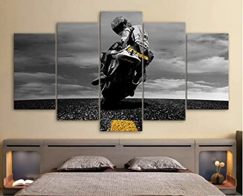 GIRDSSC Rahmenlos XXL Bilder 200X100 Motorrad Rennfahrer Straße Motorrad 5 Teilig Leinwandbilder Bild Auf Leinwand Wandbild Kunstdruck Wanddeko Wand Wohnzimmer Wanddekoration Deko Kunstdrucke