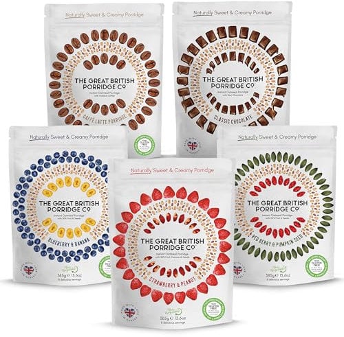 Mixed Variety Pack Gluten Free Instant Oatmeal Porridge from TGBPCo - Up to 40 Servings - Naturally Sweet & Creamy Porridge Oats - 5 x 385g Pouches - 100% Natural No Added Sugar Plant Based High Fibre