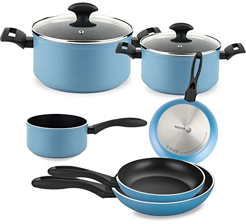 Fagor Maxima Batería Cocina Inducción 8 Piezas Set 2 Cazuelas 20-24 cm, 2 Tapas Cristal, 3 Sartenes 20-24-28 cm, Cazo 16 cm Alumninio Forjado, Antiadherente sin PFOA, Apta Todas Las Cocinas, Azul