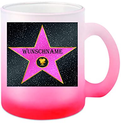 Glas-Tasse weiß/rot Walk of fame (Wunschname) Kaffeetasse, Teetasse, Glühweintasse, Glas satiniert mit Farbverlauf
