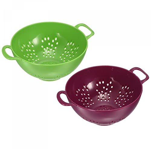 sourcing map Kitchen Colander with Handle 2Pcs, Rice Washing Strainer Plastic Fruit Pasta Drainer Basket for Vegetable Fruit-Green+Purple