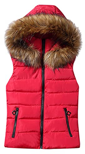 Gilet for Women UK Hooded Quilted Zip Up Sleeveless Padded Jacket Vest with Fur Hood Winter Padded Body Warmer Solid Outwear Ladies Gilet Coat Size 12-16