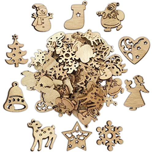 200st Anhänger Holz Weihnachtsdeko Basteln für Weihnachten Geschenke DIY Handwerk Geschenkbox Adventskalender Säckchen Weihnachtskalender Dekohänger Weihnachtsbaum Christbaumschmuck