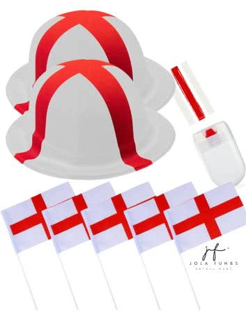 JOLAFUNBS Euro 2024 World Cup Football Supporter Accessories - 8 Piece England Party Wear 2x England Football Bowler Hat, 5x Hand Flags & Football Face Paint