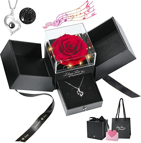 Emibele Ewige Echte Rote Rose mit S925 Sterling Silber Halskette Ich Liebe Dich in 100 Sprachen, Konservierte Rose Box mit Musik Licht, Geschenke für Frauen Mama Oma Valentinstag Muttertag Geburtstag