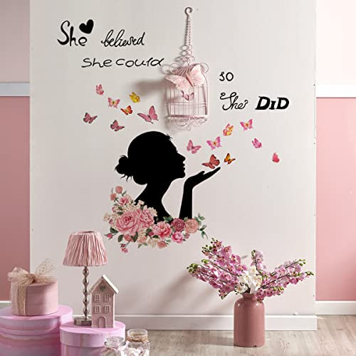 Wandtattoo Mädchen Wandaufkleber Inspirierend Zitate Schmetterling Blume Wandsticker für Schlafzimmer Wohnzimmer Wanddeko