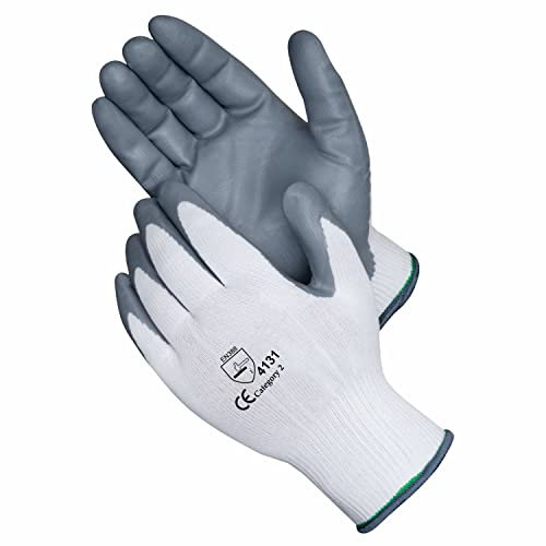 A406 24 Pair work gloves Nitrile Coated White Grey Nylon Safety Work Gloves Garden Gloves Builders Gloves Mens Gardening (Medium)