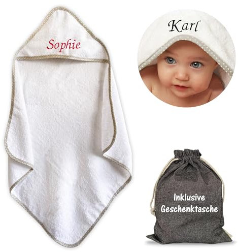 KDO Magic - Personalisierter Baby-Badeumhang - Gestickter Vorname - 100% Baumwolle - Kapuzenbadetuch - Bestickt – personalisierbares Babyhandtuch - weich und saugfähig - Beige