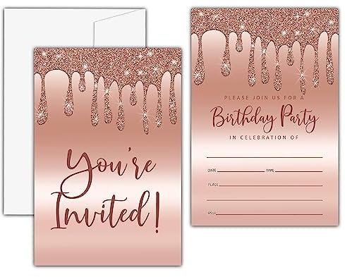 Glitter Slime Birthday Invitations, Dripping Rose Gold Birthday Party Invitation Card, Sparkle Slime Birthday Party Favors, Glitter Drip Theme Celebration Supplies(20 Set of Invitations with