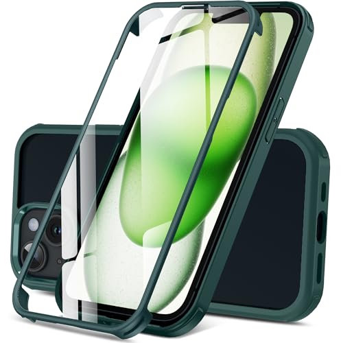 DOSNTO Double Sided Clear Case for iPhone 15 Plus (6.7''), Front and Back Full Body 360 Shockproof Drop Protection Phone Case Built-in Tempered Glass Screen Protector Rugged Phone Cover, Dark Green