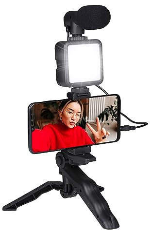 Grundig Treppiede Telefono con Lampada - Tripod con microfono - LED con 3 impostazioni di colore - per telefoni da 53 a 84 MM - Modello di tavolo e asta per selfie - Materiale in plastica - Nero