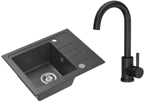 VBChome Granit Spülbecken 55 x 44 cm Schwarz gesprenkelt – Einbauspüle Einzelbecken reversibel mit Armatur & Siphon – Küchenspüle Set matt Schwarz – robust & pflegeleicht