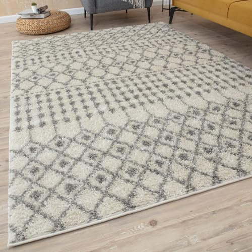 THE RUGS Modern Moroccan Design Living Room and Bedroom Rugs, Non-Shedding & Easy Care (Moroccan Ivory/Grey, 120x170 cm)
