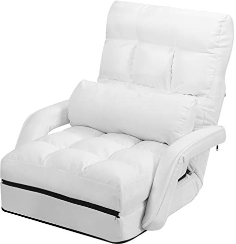 Multigot Folding Lazy Sofa Bed, 5 Positions Adjustable Floor Armchair with Armrests and Pillow, Convertible Padded Sleeper Chair for Living Room Bedroom (White)