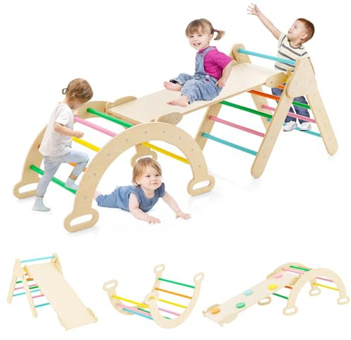 RELAX4LIFE 4 in 1 Triangolo da Arrampicata con Scivolo per Bambini, Arco da Arrampicata e Scala per Arrampicarsi in Legno, Montessori Giocattoli Bimbi 2 3 4 5 Anni (Colorato)