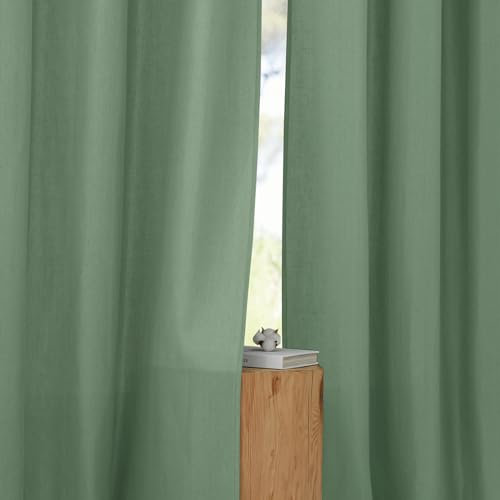 PONY DANCE Übergardinen mit Kräuselband Wohnzimmer 2er Set Vorhang Leinen H 245 x B 140 cm Schienen Gardinen Vorhang Leinenoptik Halbtransparent Linen Curtains for Living Room, Olivgrün