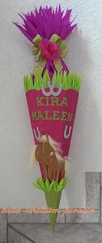 Schultüten Bastelset Pferde braun mit Hufeisen/pink-grün+2 MaterialType Schultütenzuschnitt 400g Karton