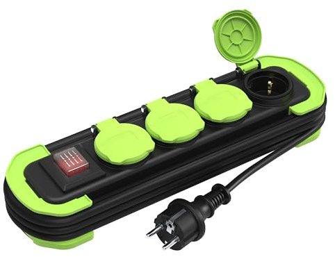 MutecPower Steckdosenleiste 4-Fach Mehrfachsteckdose Außen mit Schalter IP44 Outdoor Schutzkontaktsteckdosen mit Klappdeckeln und 3m aufrollbares Kabel 16A/250V H05RR-F 3G 1,5 Schwarz/Grün