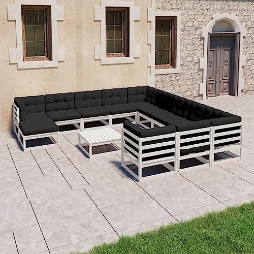 MNISDFL Gartenlounge Biertischgarnitur Terrassenmöbel 13-TLG. Garten-Lounge-Set mit Kissen Weiß Kiefer Massivholz