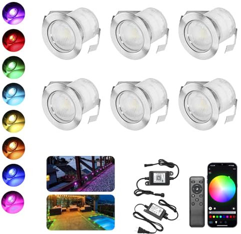 INDARUN Bodenleuchte Einbaustrahler + WiFi Controller RGB DC12 V 0,5 W wasserdicht IP67 Ø 30 mm Beleuchtung für Terrasse, Weg, Wand, Garten, Dekoration, Innen und Außenbereich, 6 Stück