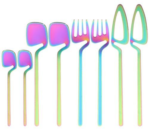 JECOMPRIS espejo arco iris conjunto de cubiertos 2 juegos espejo pulido arco iris, cubiertos conjunto de cubiertos colgantes taza cucharas de café tenedor cortadores cocina casa