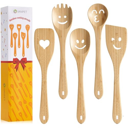 Juego de utensilios de cocina de madera, bonito juego de espátulas, divertidos utensilios de cocina de bambú, regalos únicos para el día de la madre para cocineros, anfitrionas, mamá, abuela, esposa,