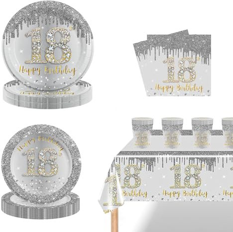 69pcs Grey Silver 18th Birthday Party Tableware,Silver 18th Birthday Tableware Set with 32P Paper Plates,20P Napkins,18th Table Cloth,16P Paper Cups for Women Men Birthday Party Table Decorations
