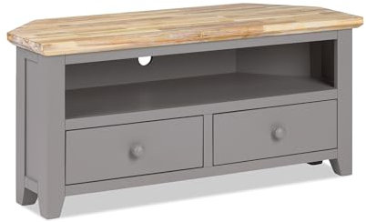 Florence Wooden Corner TV Stand with 2 Drawers, Shelf, Cable Access, Acacia Hardwood Top | W108cm, H50cm, D40cm | Fully Assembled Media Unit (dove grey)