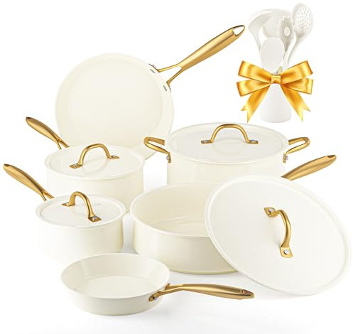 Pots and Pans Set Non Stick - VONIKI Ceramic Cookware Set with Cooking Utensils Set, Non Toxic Kitchen Cookware Sets Dutch Oven Pot with Lid Saucepan Set Sauté Pan Frying Pan Set for Cooking Gifts