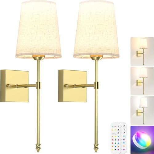 LABOREDUCER Rechargeable Wall Lights,Wireless LED Battery Operated Wall Lights Wall Sconces Set of 2 with Remote,5000mAh Dimmable Brightness 3 Color Temperature and 12 RGB for Bedroom Living Room