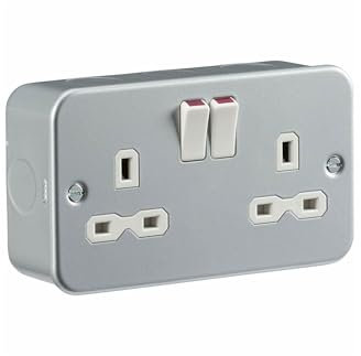 2 Way Double Mains Metal Clad Switched Socket Outlet 13A with Mounting Back Box, 2 Way Switched Power Point, 240V, 13A