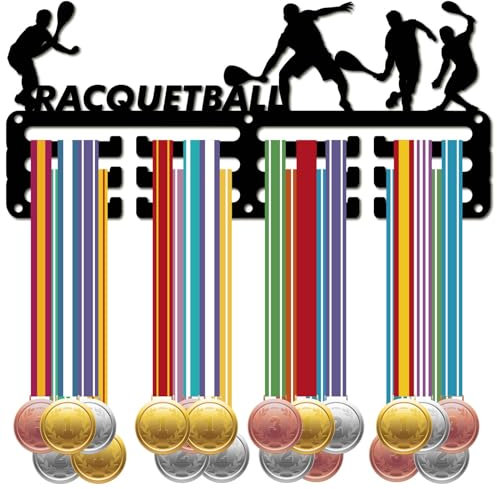 CREATCABIN Porta Medaglie da Racchetta Espositore Medaglie in Metallo Nero Piccolo Ripiano Appendini Targhe Organizer Cornice Medaglie Montata A Parete 12 Gancio Nastro Premio da Calcio 29x13cm