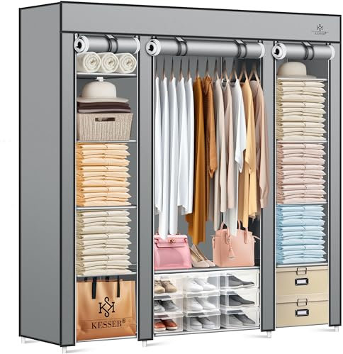 KESSER® Kleiderschrank Stoffschrank Stabil mit Kleiderstange & Ablagen, Inkl. 5X Kleiderbügel, Stoff Faltschrank für Schlafzimmer, Ankleidezimmer Garderobe mit Kleiderständer 150x45x175cm Grau