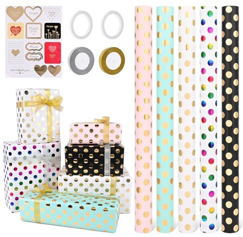 Gtuzkheu Fogli di Carta da Regalo 300 * 43CM, 5 Rotoli Carta Regalo e 2 Rotoli di Nastro, Carta Regalo Bambini Carta Regalo Natale Rotolo, Carta da Regalo per Compleanno, Natale, Regali Anniversari