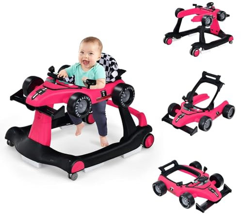 FANTASK Trotteur 4 en 1 pliable avec hauteur et vitesse réglables, en forme de voiture pour bébé, avec boîte à musique, lumières et roues, rose