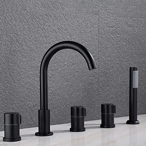 Modern Bath Mixer Tap with Shower Waterfall Bathroom Tub Tap Bathtub Mixer Tap 5 Hole Set Bath Tap with Pull-Out Hand Shower Bathroom Tap Black