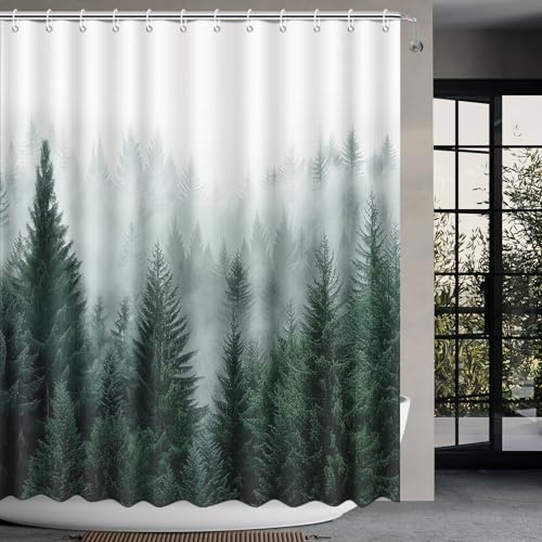 APROPHIC Wald Duschvorhang 180x180 cm, Naturlandschaft Weiß Grün Nebel Fir Waschbar Duschvorhänge Retro Wald Textil Wasserdicht Badevorhang Badewanne, Geeignet für Badezimmer, Dusche, mit 12 Haken