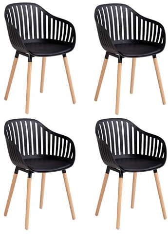 JZGORC Juego de 4 Sillas de Comedor, Silla de Cocina con Cojines y Reposabrazos de Cuero, Silla con Respaldo Hueco, Adecuada para Sala de Estar, Cocina, Patio - Negro