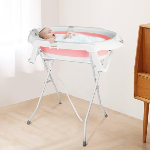 Baignoire Enfant avec Support en Acier,Baignoire Enfants sur Pied,Sécurisée et Confortable Bassine Pliable,Compacte et Transportable,0-3 Ans,Kit De Drainage,Cadeau