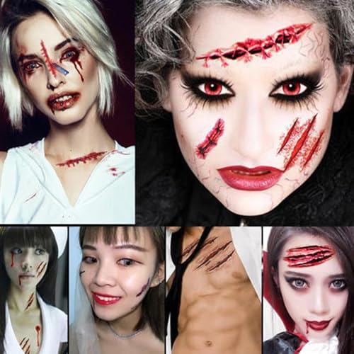TSUOUKL 10 Feuilles Tatouage Halloween pour Visage Cicatrice Araignée Tatouages,Halloween Femme Homme Ephemere Stickers, Maquillage Adulte Enfant Zombie Vimpire Cosplay Faux Sang