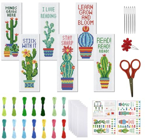 FREEBLOSS 6 Set Cross Stitch Bookmark Kits Cactus Potted Plant Pattern Stamped Cross Stitch Kit 11CT Embroidery Kit with Instructions for Beginners 20x6cm/8x2.4inch